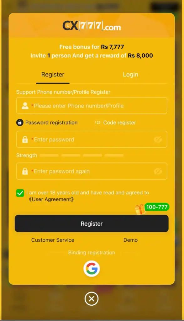 How to Register on CX777 Game 